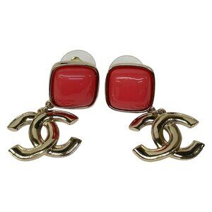 Chanel Earrings CC Logo Gold Pink Gold X Pink